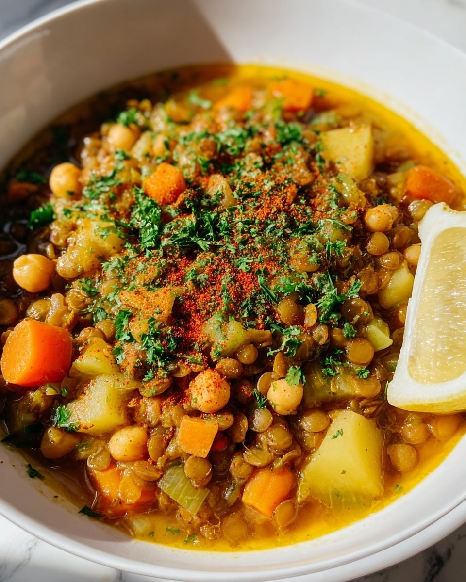 A white bowl filled with a lentil stew composed of three main layers: the bottom layer is a warm orange-yellow broth, the middle layer contains cooked green lentils mixed with small pieces of orange carrots, pale yellow chickpeas, and light green celery, and the top layer is sprinkled with bright green chopped fresh herbs and a dusting of reddish-brown spice concentrated mostly on one side. A lemon wedge rests on the edge of the bowl, all set on a white marbled surface. photo taken with an iphone --ar 4:5 --v 7