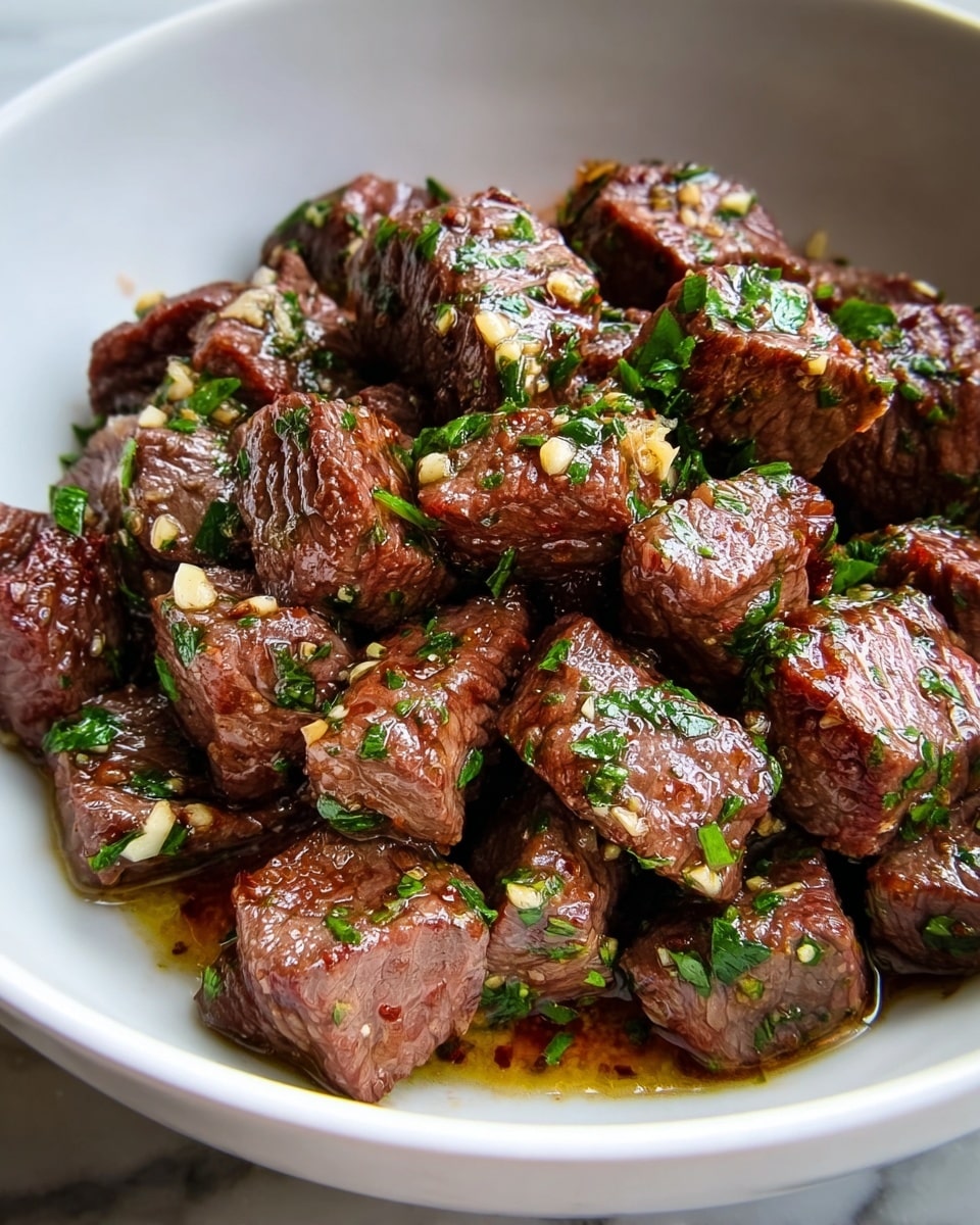 A white bowl filled with small, browned beef cubes cooked to a juicy, tender finish. Each cube is coated in a shiny, slightly oily sauce that gathers at the bottom of the bowl, with tiny bits of garlic and fresh green herbs sprinkled generously on top, giving a fresh contrast to the rich meat. The beef appears well-seasoned with a slightly coarse texture visible on some pieces. The background is a white marbled surface. photo taken with an iphone --ar 4:5 --v 7