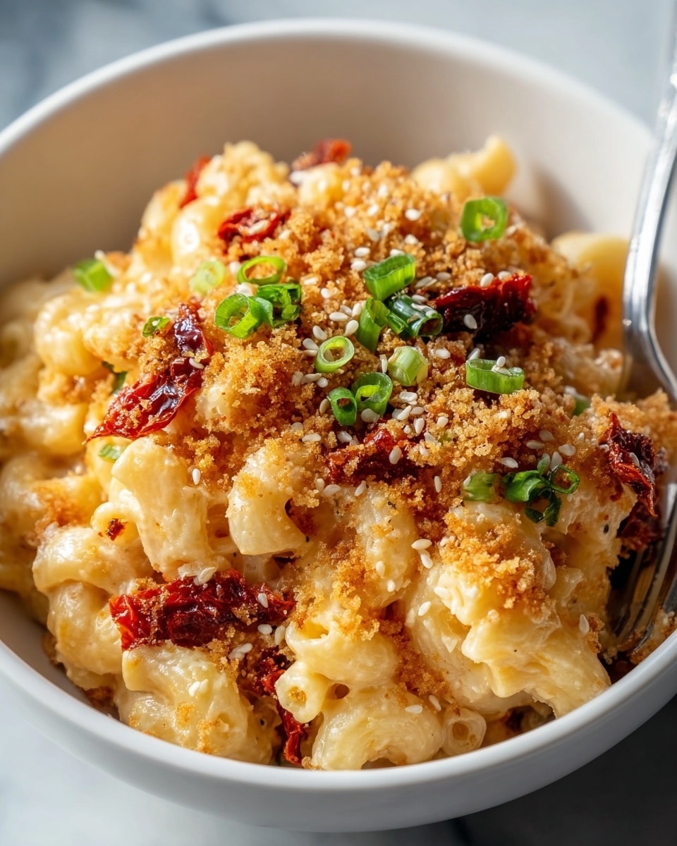 A white bowl filled with a creamy macaroni dish showing three main layers: the bottom layer is pale yellow cooked elbow macaroni, the middle layer includes a light creamy cheese sauce coating the pasta, and the topmost layer is a golden brown toasted breadcrumb topping mixed with small green onion pieces and white sesame seeds. The breadcrumb topping looks crunchy with some darker brown crispy spots. There is a fork partially visible on the right side inside the bowl, and the bowl is placed on a white marbled surface. Photo taken with an iphone --ar 4:5 --v 7