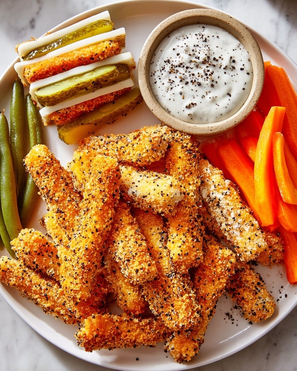 The image shows a white plate filled with crispy, golden, breaded zucchini sticks arranged in the center. At the top left corner of the plate, there is a small white bowl with a creamy white dipping sauce sprinkled with pepper. On the top right side, there are stacked pickle slices layered with what looks like sliced turkey and orange carrot sticks placed beside green beans. The background surface is white with a marbled texture. The food looks crunchy and fresh with vibrant colors of orange, green, and light brown. Photo taken with an iphone --ar 4:5 --v 7