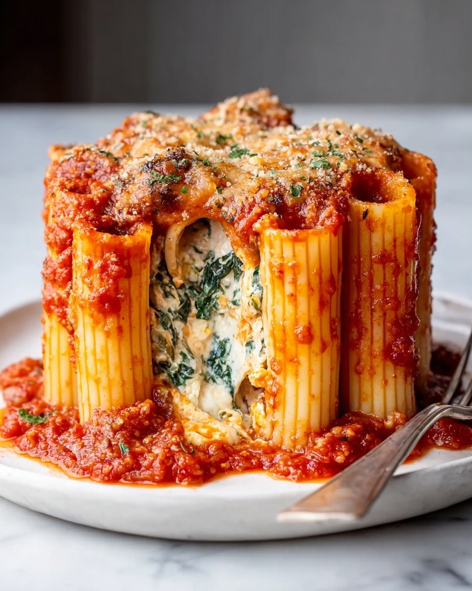 The image shows a round tower of pasta rigatoni standing upright on a white plate, each tube coated lightly with tomato sauce showing a bright orange-red color. Inside the hollow pasta tubes, there is a thick layer of creamy white cheese mixed with green herbs, seen oozing out as the center tube is pulled apart. The top layer is covered with a mix of melted cheese that is golden brown and slightly crispy, sprinkled with finely chopped green herbs. Tomato sauce is generously spread around the base and on the top edges of the pasta tower, adding a vibrant texture contrast. A silver fork rests on the edge of the plate, partially touching the sauce. The plate is placed on a white marbled surface. photo taken with an iphone --ar 4:5 --v 7