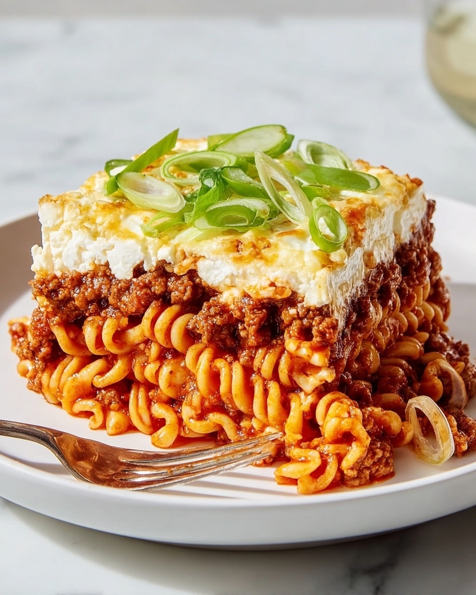 A square slice of lasagna rests on a white plate, showing three clear layers. The bottom layer is curly pasta soaked in a bright red tomato sauce, followed by a thick middle layer of dark brown cooked ground meat mixed with some white melted cheese. The top layer is creamy white cheese, slightly browned and topped with thin green slices of scallion. A metal fork lies to the right side of the plate on the white marbled surface. Photo taken with an iphone --ar 4:5 --v 7