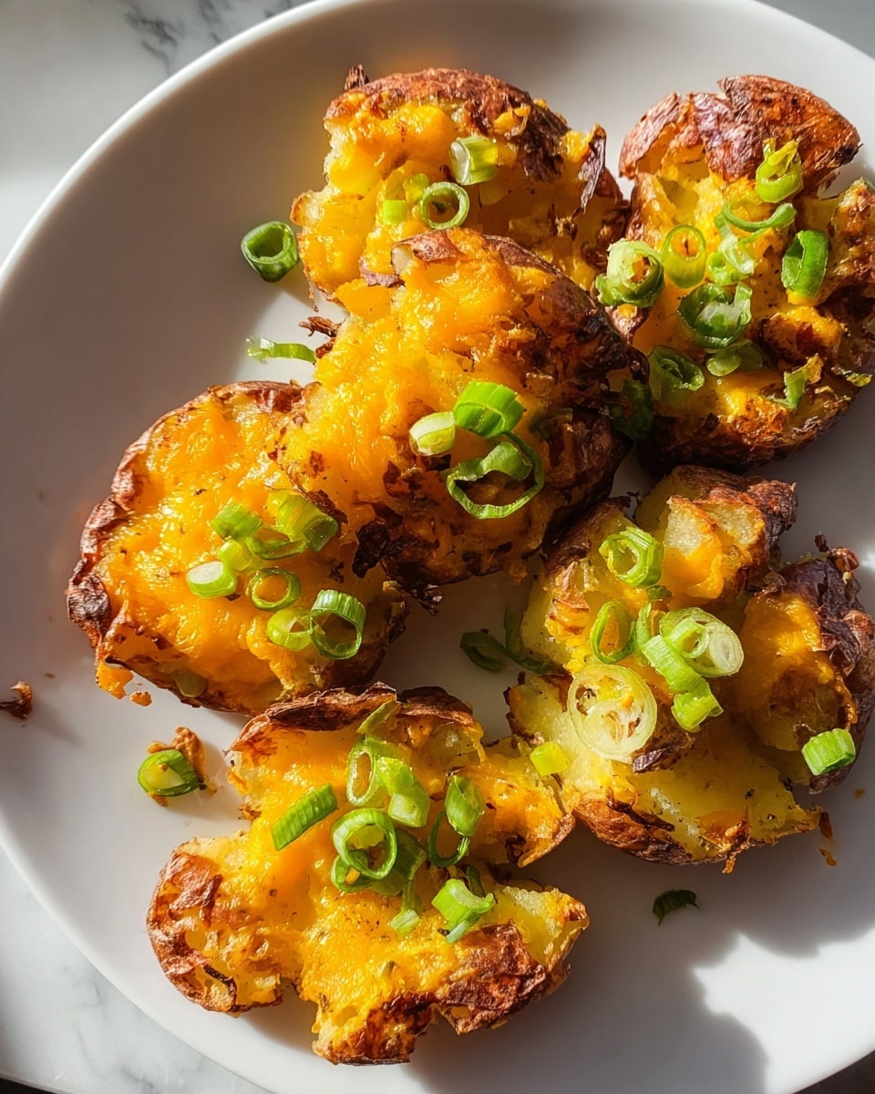 The image shows five crispy smashed potatoes on a white round plate, each potato with a browned and crunchy bottom layer, soft mashed yellow potato middle, and topped with shredded bright orange cheddar cheese. Small pieces of chopped green onions are scattered over the potatoes, adding a fresh green color. The potatoes have a slightly rough, uneven surface with bits of seasoning visible. The plate is placed on a white marbled texture, and warm natural light highlights the textures and colors of the dish. Photo taken with an iphone --ar 4:5 --v 7