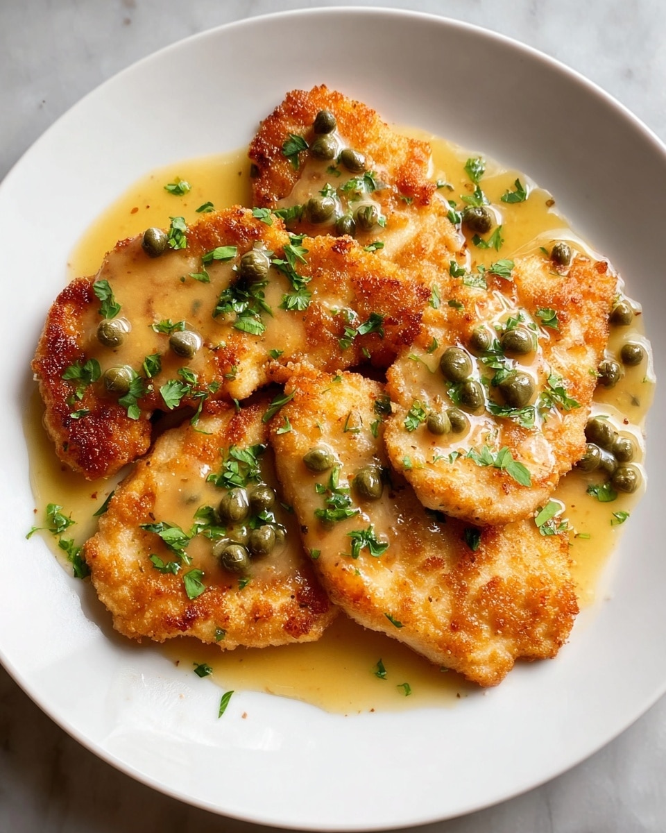 The image shows four pieces of light golden-brown fried chicken cutlets stacked slightly on a deep white plate. Each cutlet is covered with a shiny light yellow sauce that pools slightly around the edges. Small green capers and bits of fresh chopped parsley are scattered evenly on top and around the cutlets, adding texture and specks of dark and bright green. The plate rests on a white marbled surface, giving a clean and fresh look. photo taken with an iphone --ar 4:5 --v 7