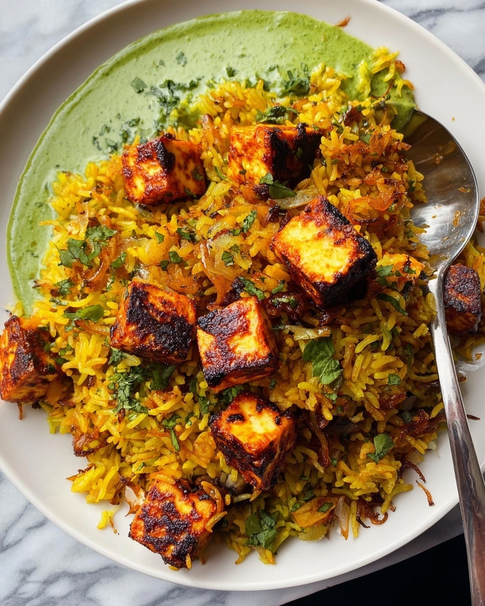 A white plate holds a vibrant yellow-orange biryani rice mixed with browned caramelized onions and small green herb bits sprinkled on top. Scattered throughout are golden-brown grilled paneer cubes with slightly charred edges, adding texture and color contrast. On the left side of the plate, there is a dollop of smooth, thick green chutney sauce with a creamy texture. A silver spoon rests on the plate, partly submerged in the rice. The setting is on a white marbled surface. photo taken with an iphone --ar 4:5 --v 7