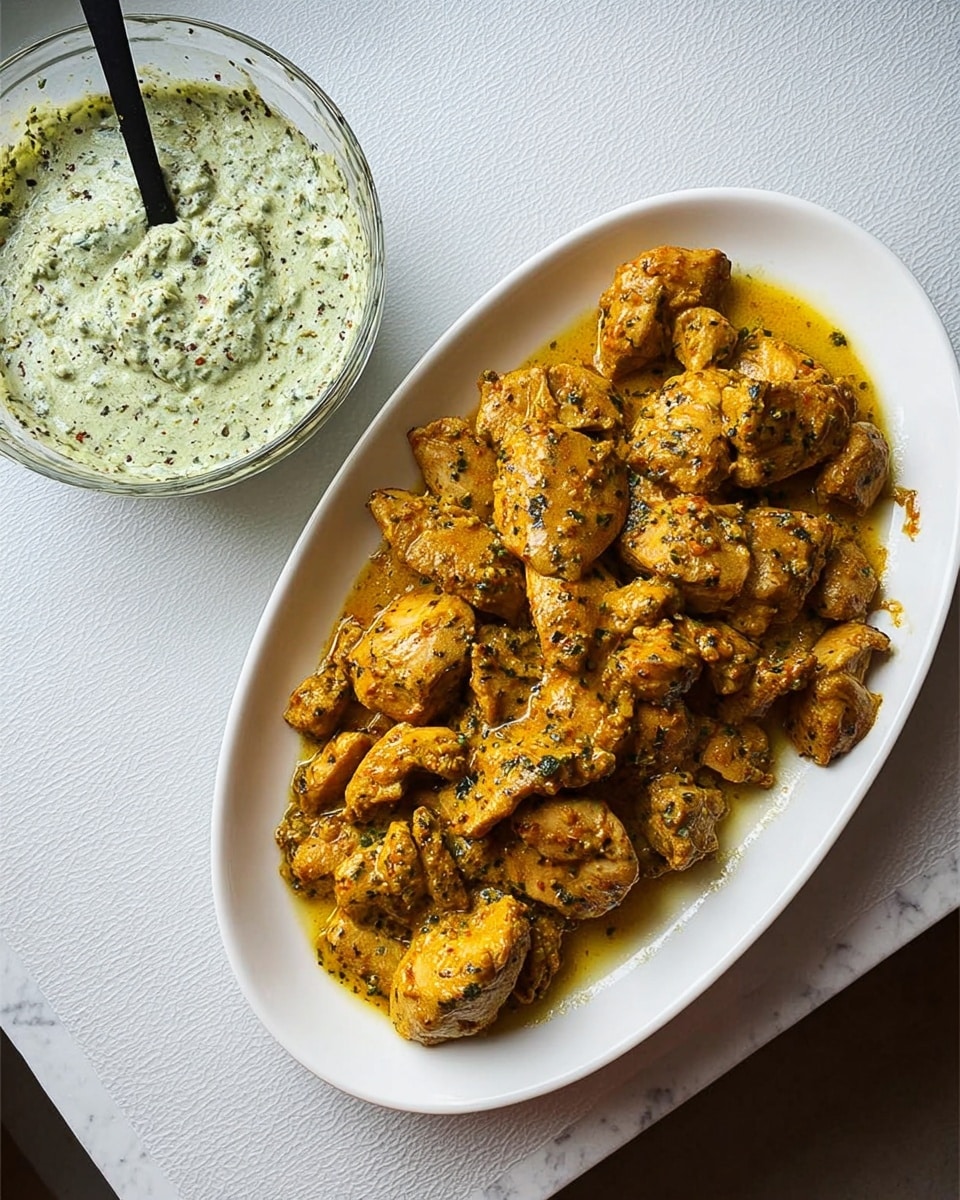 The image shows a white oval plate filled with cooked chicken pieces in a yellowish-orange sauce that looks thick and creamy, with visible herbs and spices mixed throughout. The chicken pieces vary in size and shape, and the sauce pools around them, soaking the plate's base. Next to the plate, there is a clear glass bowl filled with a light green, textured sauce or dip, with some herbs on the surface and a black spoon resting inside. The dishes are placed on a white marbled textured surface. Photo taken with an iphone --ar 4:5 --v 7