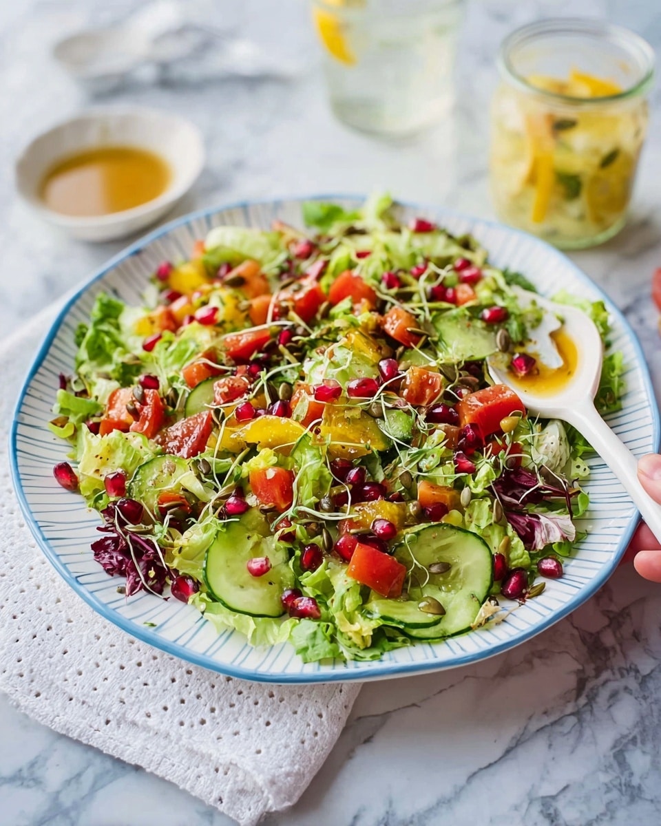 A white plate with blue stripes holds a colorful salad made of green lettuce leaves as the first layer, mixed with chopped red tomatoes and yellow bell pepper pieces scattered throughout. Thin slices of cucumber add a fresh green touch along with small red pomegranate seeds spread on top. There are also tiny green sprouts and pumpkin seeds scattered over the salad, giving it varied textures. The salad is lightly dressed with a golden sauce that glistens on the vegetables. The plate sits on a white marbled surface with a white dotted cloth nearby, and a woman's hand holds a white spoon in the corner. A glass of water with a lemon slice and a jar with yellow dressing are in the background. photo taken with an iphone --ar 4:5 --v 7