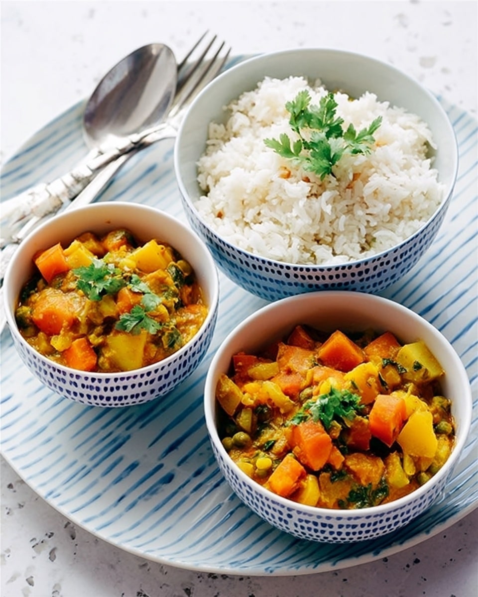 The image shows three white bowls on a white marbled texture surface. Two bowls in the front contain a creamy vegetable curry with visible layers of diced yellow potatoes, orange sweet potatoes, and green peas, all topped with fresh green cilantro leaves. The texture of the curry is smooth and saucy, filling each bowl almost to the top. The bowl on the left has large navy blue dots, and the bowl on the right has navy blue horizontal stripes. Behind these, there is a third white bowl filled with plain white rice, showing small, soft, and fluffy grains. The bowls are arranged on a light wooden tray with a set of silver forks resting on it. Photo taken with an iphone --ar 4:5 --v 7