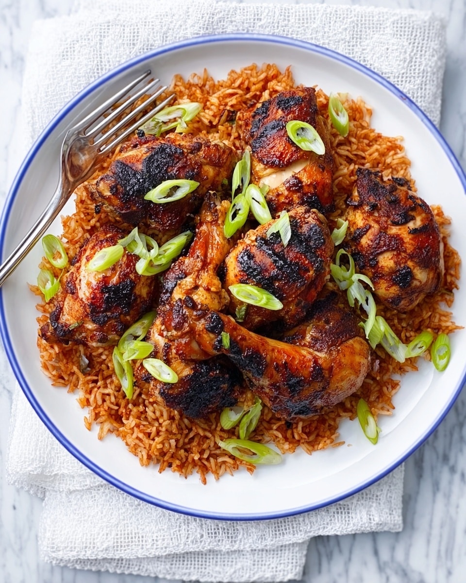 The image shows a white oval plate with a blue rim filled with a layer of reddish-brown cooked rice as the base, which looks fluffy and well-seasoned. On top of the rice, there are several pieces of grilled chicken, browned with some char marks, giving a textured and slightly crispy look. Scattered across the chicken and rice are thin slices of green onions, adding a fresh pop of green color. The plate is placed on a white marbled surface with a white textured napkin underneath, with a silver fork visible at the top left. Photo taken with an iphone --ar 4:5 --v 7