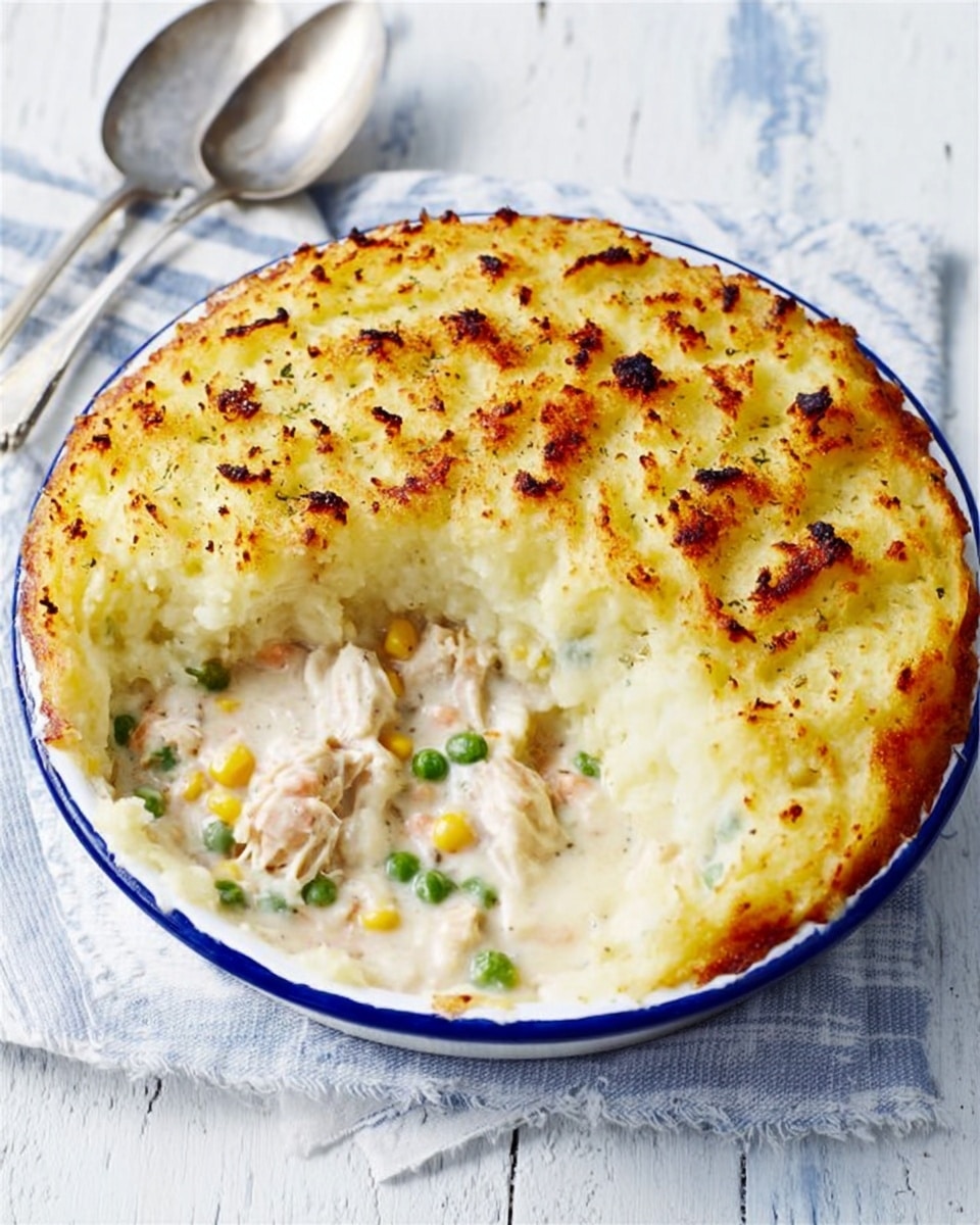 The image shows a round, baked dish with a golden-brown, crispy top layer made of mashed potatoes that have been slightly grilled for texture. Underneath the mashed potato layer is a creamy, white sauce filled with visible bits of chicken, green peas, and small corn kernels, creating a rich and chunky filling. Part of the top layer is scooped out, revealing the thick, smooth filling inside. The dish is in a white plate with a blue rim, placed on a white marbled surface with a striped white and blue cloth underneath. Two silver spoons lie beside the plate. photo taken with an iphone --ar 4:5 --v 7