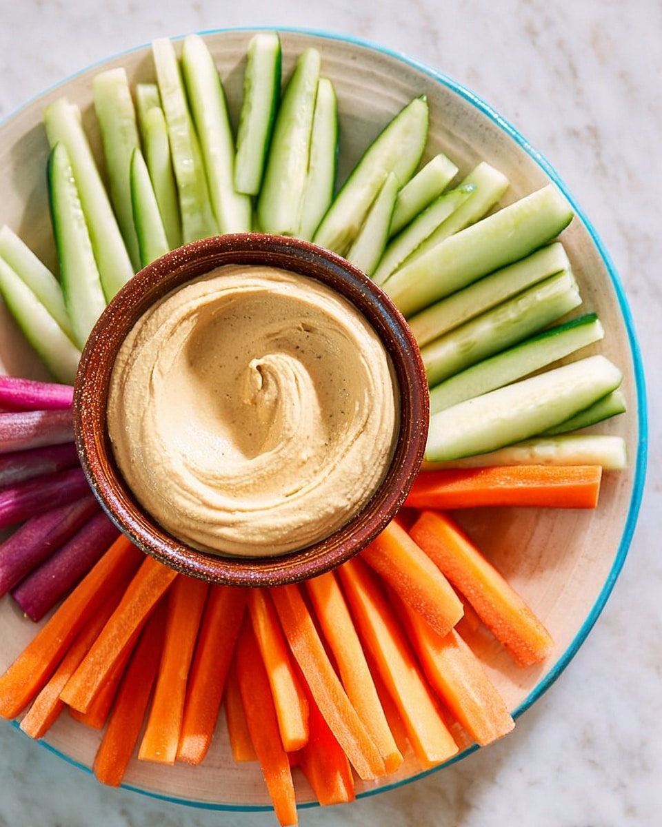 A white round plate holds a smaller rustic brown clay bowl in the center filled with smooth, light beige hummus with a swirl pattern on top. Around the bowl, sliced vegetables are arranged in a fan shape with multiple layers: bright orange carrot sticks, pale green cucumber sticks with visible seeds, purple carrot sticks with yellow edges, and a few green cucumber sticks. The plate sits on a white marbled surface. photo taken with an iphone --ar 4:5 --v 7