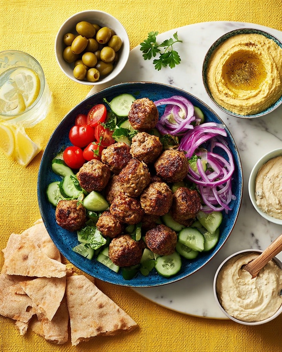 A blue plate is filled with layers starting with chopped cucumber pieces and thinly sliced purple onion rings arranged evenly at the bottom, topped with halved small red cherry tomatoes scattered around. On top of these vegetables, there are roughly twenty browned meatballs spread closely, giving a textured and warm look to the dish. Surrounding the main plate are several white bowls: one with green olives, another with yellow hummus topped with green parsley, and a third with white tzatziki sauce speckled with herbs. There is a stack of pita bread triangles placed on a yellow cloth beside the plates, a round pita on the upper right corner, and a green glass with water and a lemon wedge. The setting is on a white marbled textured surface. Photo taken with an iphone --ar 4:5 --v 7