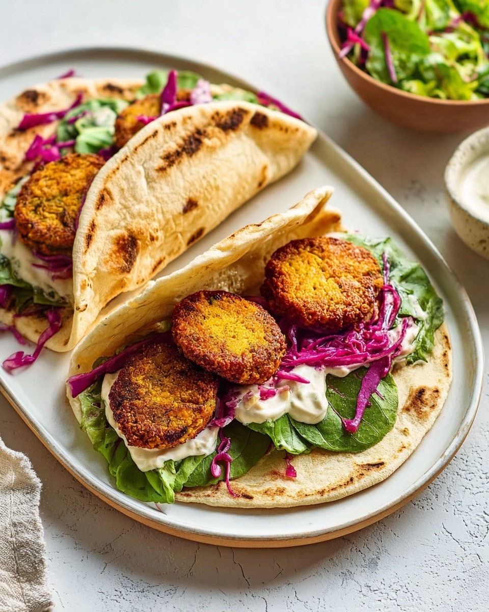 Two soft, slightly toasted flatbreads lie on a white oval plate against a white marbled surface. One flatbread is open, showing three round, golden-brown falafel patties with a crispy texture on top of a layer of creamy white sauce. Beneath the falafel and sauce, there are fresh, bright green leafy lettuce and thin strands of vibrant purple cabbage, adding fresh color and texture. The second flatbread is folded in half, partially hiding similar fillings inside. Nearby, a bowl of mixed greens and a small dish of white sauce are partially visible, with soft natural light highlighting the warm and fresh look of the food. photo taken with an iphone --ar 4:5 --v 7