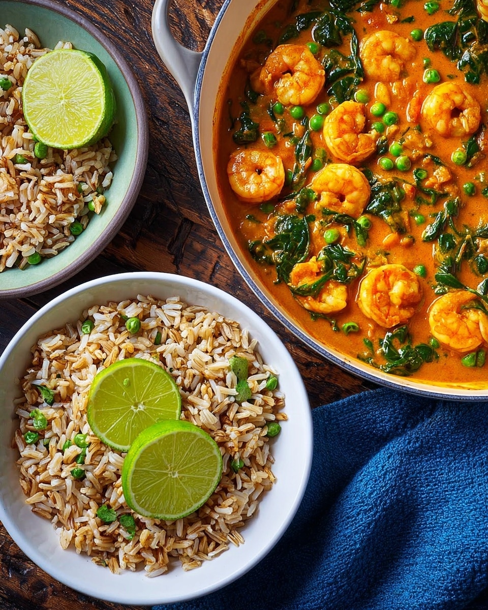 A white dish filled with shrimp curry, showing about three visible layers: the top layer has bright orange shrimp swimming in rich orange sauce mixed with green peas and dark green spinach leaves spread throughout; next to it is a white bowl with mixed brown and white rice grains, and a white plate below partially filled with rice on one side and shrimp curry on the other side, garnished with two bright green lime wedges placed neatly on the rice layer; all items are placed on a dark wooden surface with a folded blue cloth nearby. photo taken with an iphone --ar 4:5 --v 7
