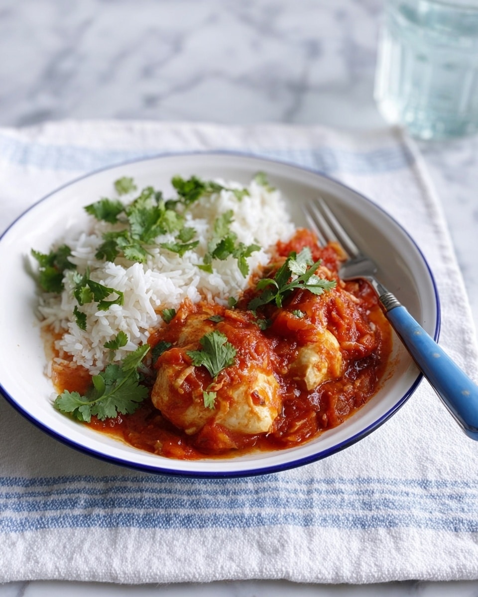 The image shows a white plate with a blue rim, placed on a white marbled surface covered partly by a beige cloth with two blue stripes. On the plate, there is a serving of plain white rice on the left side, topped with fresh green cilantro leaves. To the right of the rice, there are two pieces of cooked chicken covered in a chunky orange-red tomato sauce with visible bits of onion. A fork with a blue handle rests on the left edge of the plate. In the background, there is a clear glass of water. Photo taken with an iphone --ar 4:5 --v 7