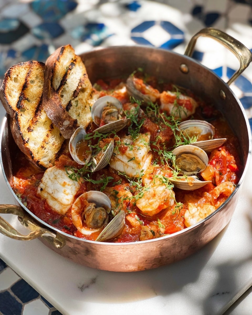 The image shows a shiny copper pot filled with a seafood stew, placed on a white marbled surface with blue and black small tile patterns. Inside the pot, there are multiple layers of ingredients: on the bottom layer, a rich red tomato sauce with visible chunks; on top, large pieces of white fish, orange shrimp with shells, and small clams with open shells; everything is sprinkled with fresh green herbs. Two grilled slices of bread with char marks rest on the side of the pot. Soft natural light filters through leafy shadows, creating a warm and inviting look. Photo taken with an iphone --ar 4:5 --v 7