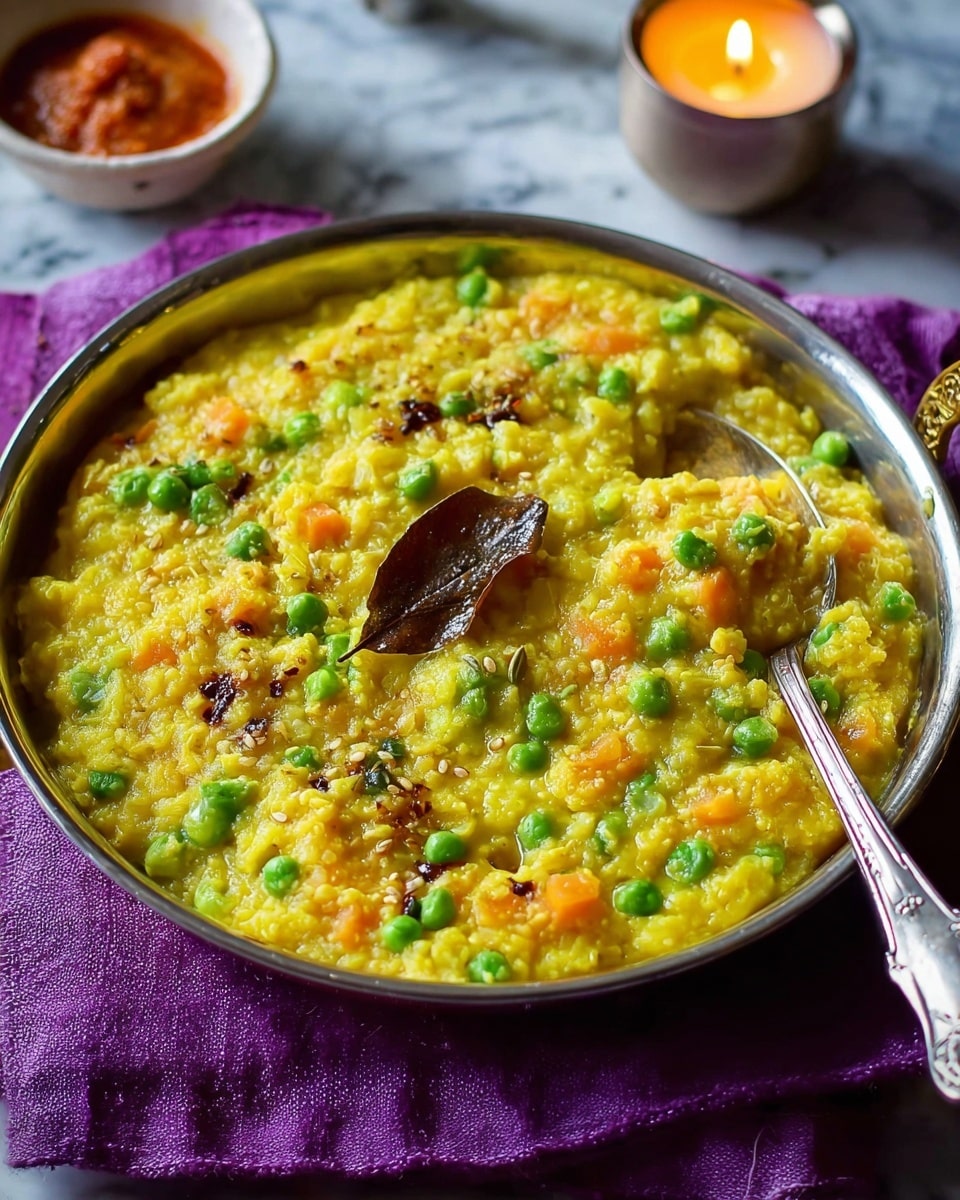 A large round metal bowl filled with thick yellow porridge that has green peas and small orange carrot pieces mixed throughout, topped with brown cumin seeds and a dark green bay leaf near the center. A silver spoon with a long handle rests inside the bowl on the right side. The bowl sits on a wrinkled purple cloth over a white marbled surface. There is a small white bowl with reddish chutney and some round pieces of flatbread scattered around. A lit candle in a pink holder is on the upper left corner. Photo taken with an iphone --ar 4:5 --v 7