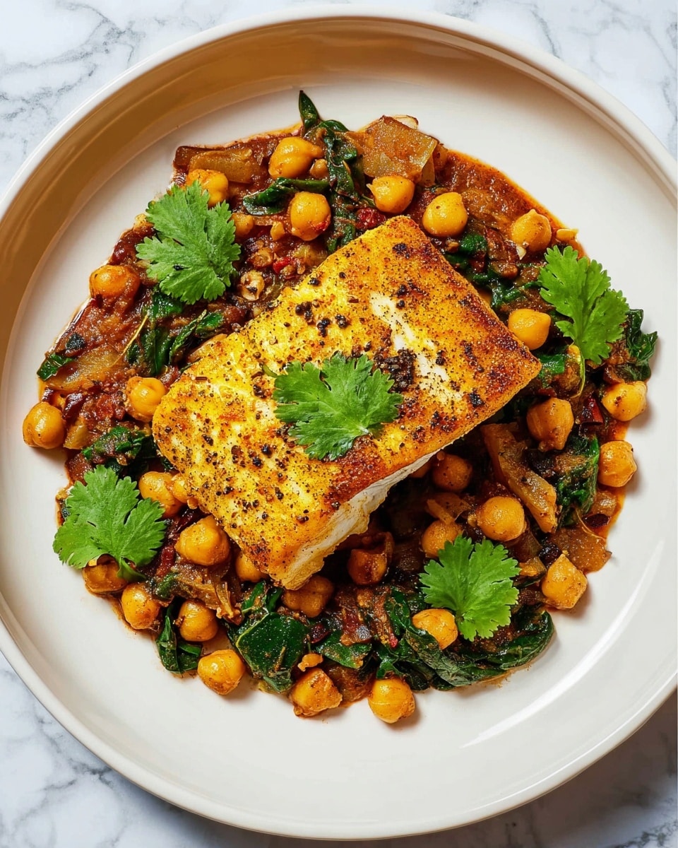 A white plate sits on a white marbled surface, filled with a colorful dish of cooked chickpeas, chopped green spinach, and diced translucent onions mixed with a reddish-brown sauce, forming the bottom layer. On top, there is a piece of white fish covered in a golden-yellow spice crust with bits of black specks, showing the white flaky texture of the fish beneath. Green cilantro leaves are placed on the fish and scattered around the chickpea mixture, adding a fresh contrast. The dish is centered perfectly in the plate. photo taken with an iphone --ar 4:5 --v 7