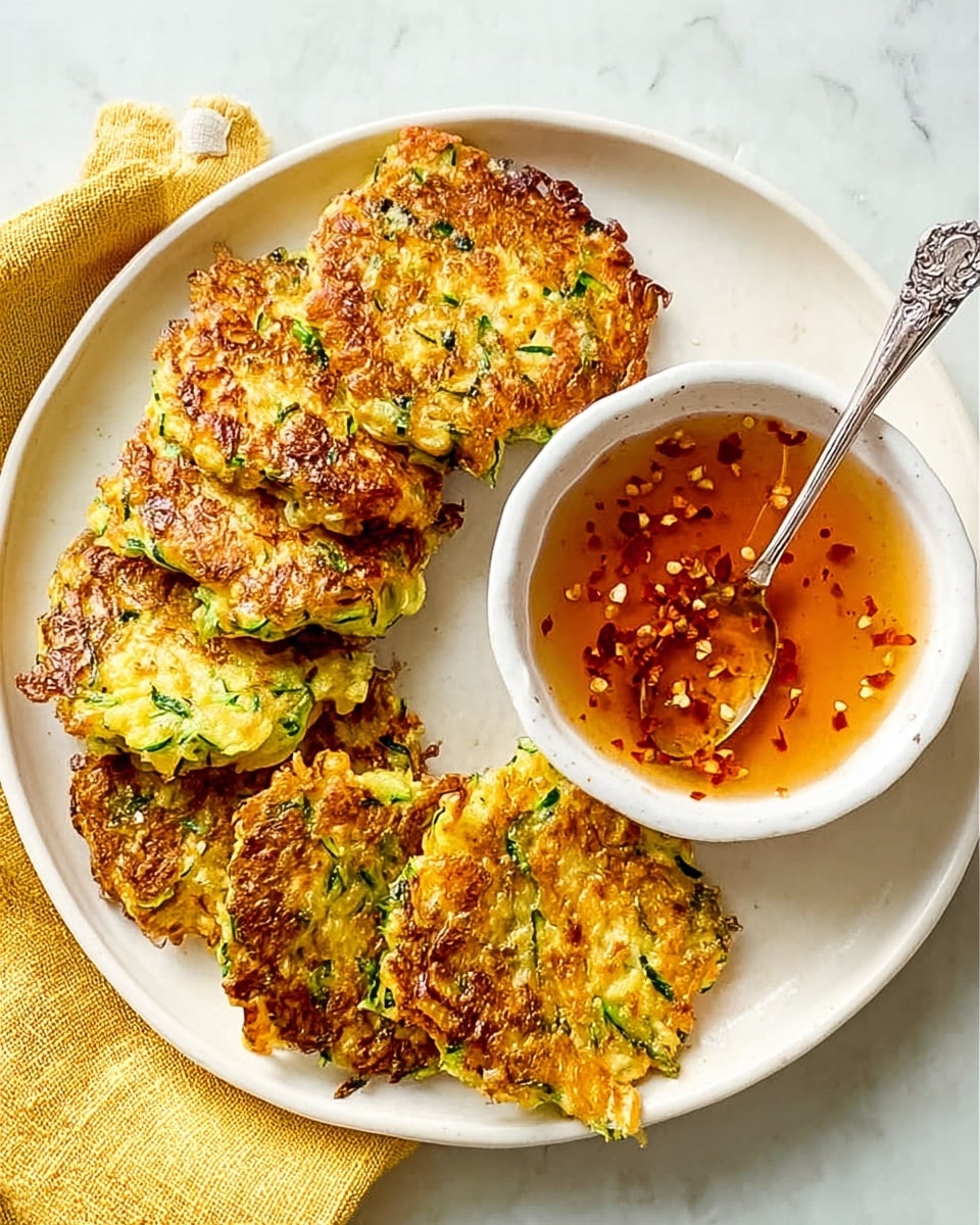 The image shows five golden-brown zucchini fritters arranged overlapping on a round white plate with a speckled texture. Next to the fritters, on the right side of the plate, there is a small white bowl filled with a clear orange dipping sauce with red chili flakes, and a gold spoon rests inside the bowl with some sauce dripping onto the plate. To the left of the plate, a soft yellow cloth is casually placed on a white marbled surface. The fritters have a crispy, uneven texture with visible green bits of zucchini throughout. Photo taken with an iphone --ar 4:5 --v 7
