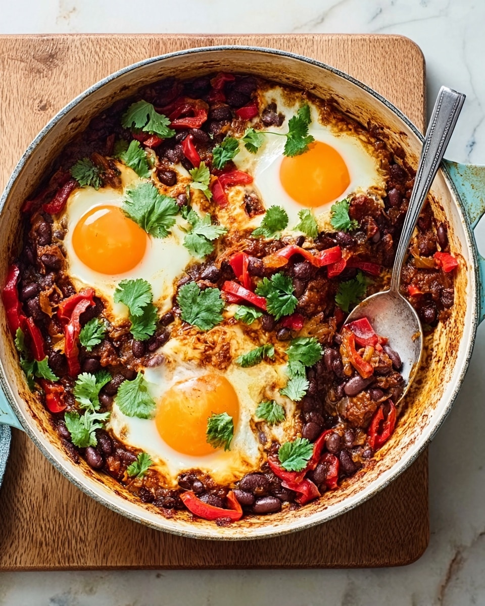 A white casserole dish with light green handles contains a baked dish with three sunny-side-up eggs, surrounded by dark brown cooked beans mixed with blackened bits. Bright red bell pepper strips are placed around and between the eggs, adding a pop of color. Fresh green cilantro leaves are scattered on top, giving a fresh touch. A silver spoon rests inside the dish where some of the mixture has been scooped out. The dish sits on a white marbled surface with a folded orange and white striped cloth napkin underneath. photo taken with an iphone --ar 4:5 --v 7