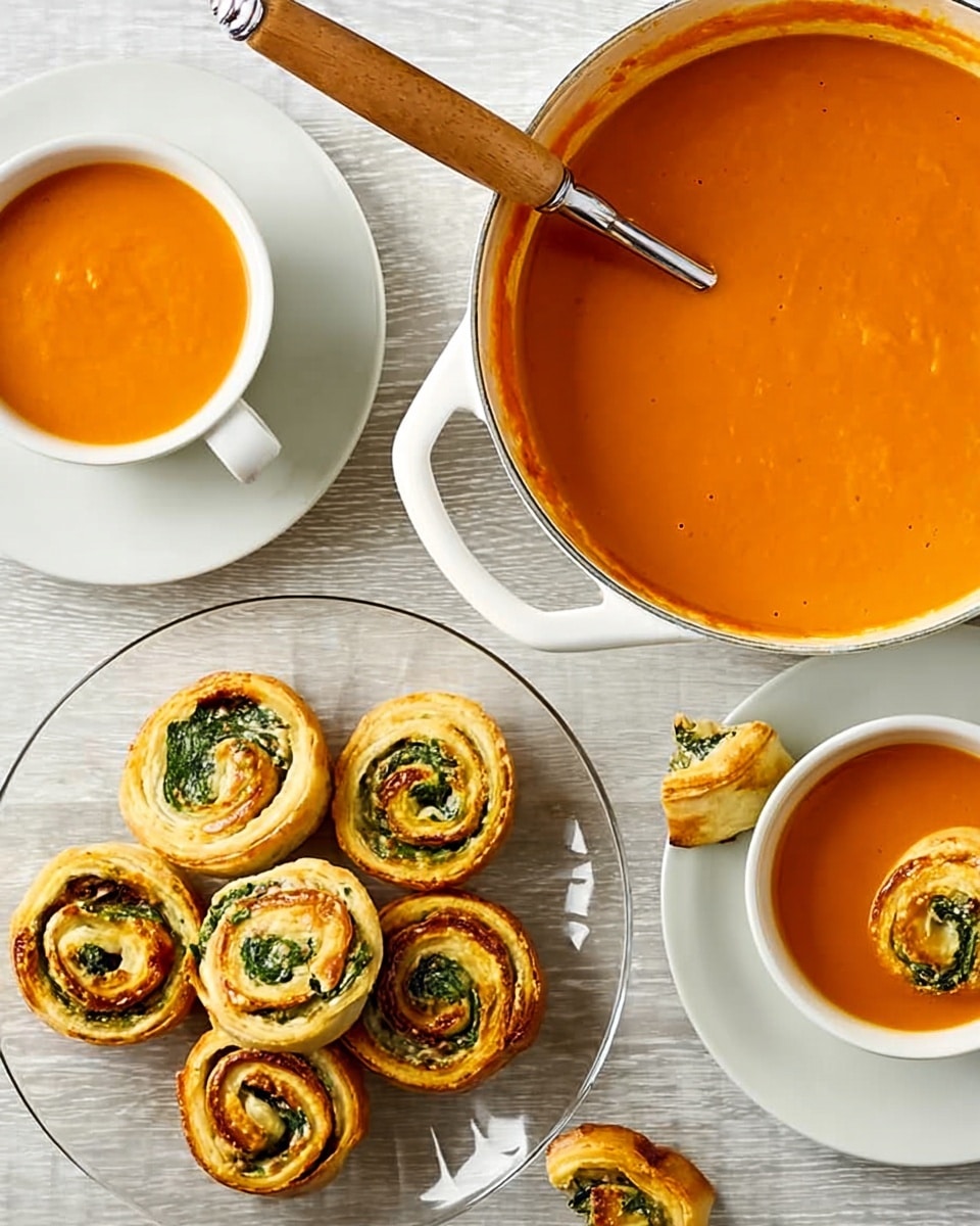 The image shows a white pot filled with smooth, bright orange creamy soup with a wooden handle and a silver spoon resting inside. Next to it, there is a white bowl filled with the same soup, as well as a white cup also containing orange soup. On the right side, a white plate holds a pile of golden brown spiral pastries with green leafy fillings, and a few of these pastries are broken open showing the inner texture. The whole scene is set on a wooden surface but described as a white marbled texture. The photo taken with an iphone --ar 4:5 --v 7