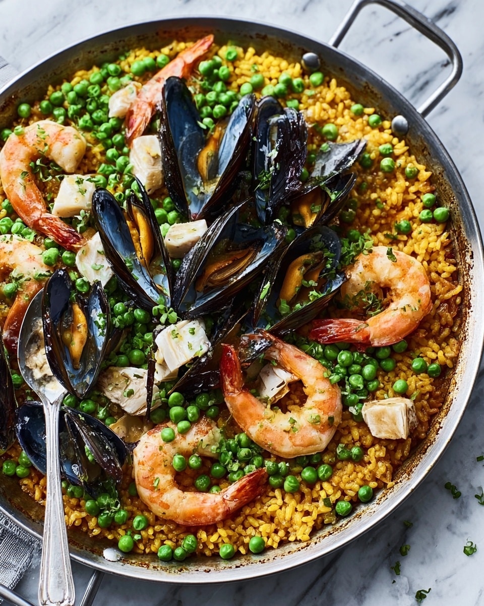 The image shows a large silver pan filled with a layered seafood and rice dish. The base layer is golden brown rice mixed with spices, covering the whole pan. On top of the rice, there are bright green peas scattered around. Large shrimp with pink and light orange shells sit evenly spread over the rice. Black mussel shells, open to show the orange inside, are placed around and partly inside the rice layer. Pieces of white fish are mixed in with the rice. A metal spoon rests inside the pan on the left side. The pan is set on a white marbled surface. Photo taken with an iphone --ar 4:5 --v 7