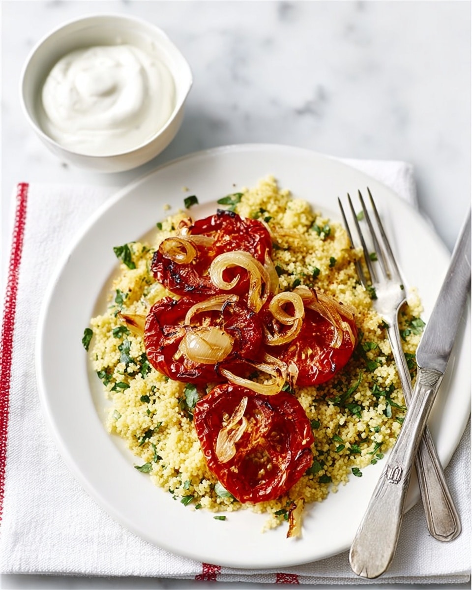 The image shows a white plate with three main layers. The bottom layer is a bed of light yellow couscous mixed with small pieces of green herbs, giving it a fresh and textured look. On top, there are five dark red roasted tomato halves with slightly charred edges, and caramelized onion slices scattered over and around the tomatoes. To the side of the plate, there is a small white bowl filled with a thick white yogurt sauce. A silver fork rests on the left edge of the plate, while a silver knife is placed on the right side. The plate is set on a white napkin with a red stripe, all against a white marbled surface. Photo taken with an iphone --ar 4:5 --v 7