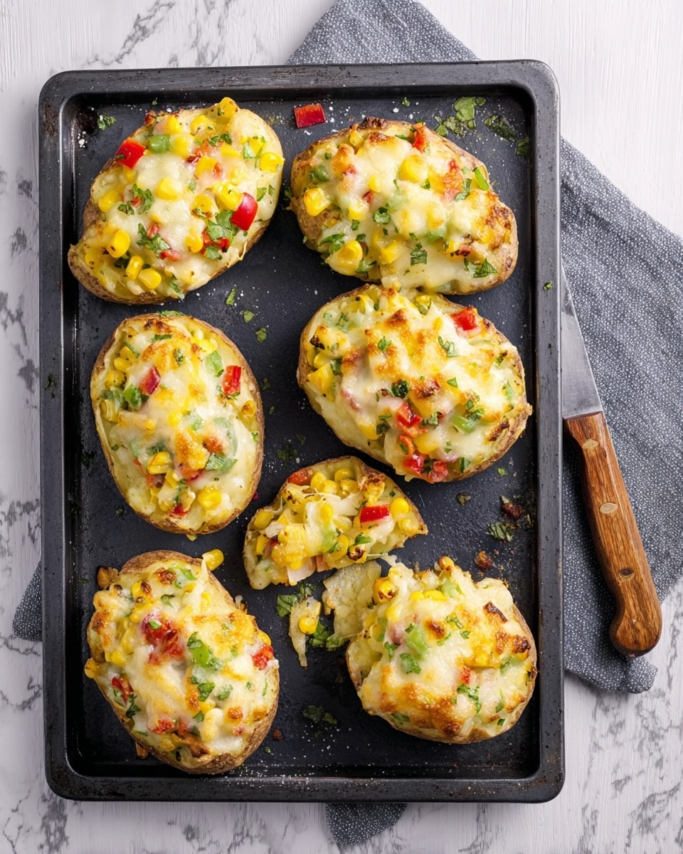 Seven stuffed potato skins arranged on a worn black baking tray set on a white marbled surface. Each potato skin is filled with a mix of colorful ingredients: yellow corn, small diced red and green peppers, and topped with melted white cheese that is bubbly and slightly browned. Some pieces of topping have spilled onto the tray, showing the texture of the filling. To the right of the tray, there is a knife with a wooden handle resting partially on the tray and on a light gray cloth napkin beneath. photo taken with an iphone --ar 4:5 --v 7