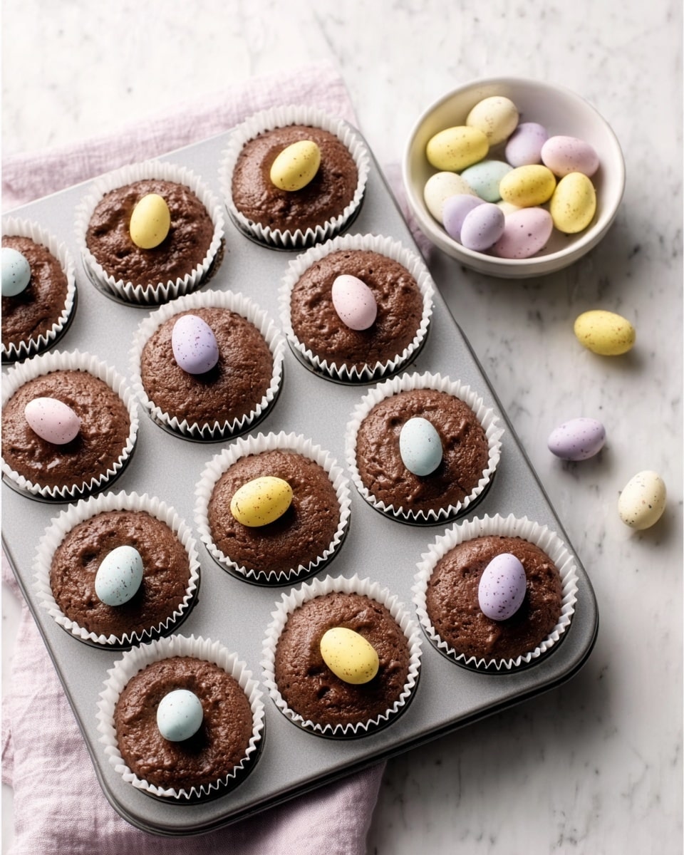 Nine chocolate cupcakes are arranged in a 3 by 3 grid inside a silver baking tray. Each cupcake has a smooth, dark brown chocolate layer on top and is wrapped in white paper liners. On the top of each cupcake, there are three small, pastel-colored candy eggs in soft yellow, light purple, and pale pink, some speckled with darker dots. To the right of the tray, a small white bowl holds more of these candy eggs, and a few eggs are scattered nearby on a white marbled surface. The scene is bright and soft, with a cozy and inviting feel. photo taken with an iphone --ar 4:5 --v 7