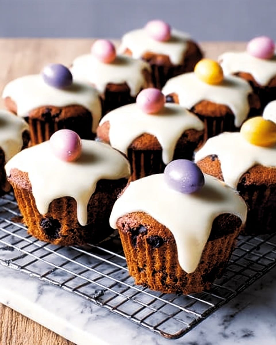 The image shows nine chocolate cupcakes arranged in three rows on a square wire cooling rack placed on a white marbled surface. Each cupcake has a moist, rich dark brown base with a slightly cracked texture. On top, there is a thick layer of smooth white icing that drips down the sides unevenly, adding a glossy contrast to the dark cake. Sitting on the icing are three small, colorful candy eggs in pastel shades of purple, pink, yellow, and cream on each cupcake, creating a playful and festive look. The overall scene is bright and sharp, showcasing the details of the cupcakes clearly. Photo taken with an iphone --ar 4:5 --v 7