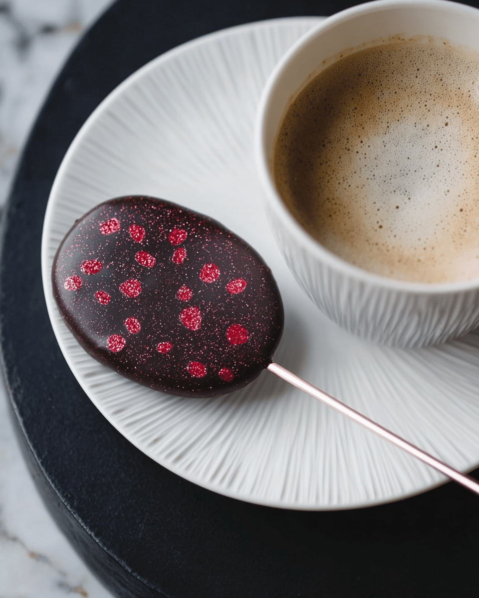 A close-up image shows a round chocolate lollipop with dark brown smooth chocolate as the base layer, decorated with small, bright red glittery dots scattered on top. The lollipop stick is white and positioned on the left side, resting on a white plate with subtle ridged texture. Above the plate is a white coffee cup filled with coffee topped with thick white foam. The background is a white marbled surface. Photo taken with an iphone --ar 4:5 --v 7
