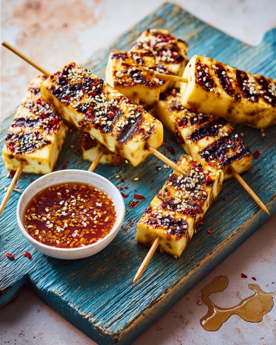 The image shows six grilled rectangular pieces of paneer on wooden skewers placed on a rustic blue wooden board. Each paneer piece has dark brown, slightly charred grill marks and is sprinkled with white sesame seeds and red chili flakes. There is a small white bowl filled with a reddish-brown sauce topped with sesame seeds, positioned at the bottom right corner of the board. The whole scene rests on a white marbled textured surface with honey or oil drizzled around, enhancing the shiny and juicy look of the paneer. Photo taken with an iphone --ar 4:5 --v 7