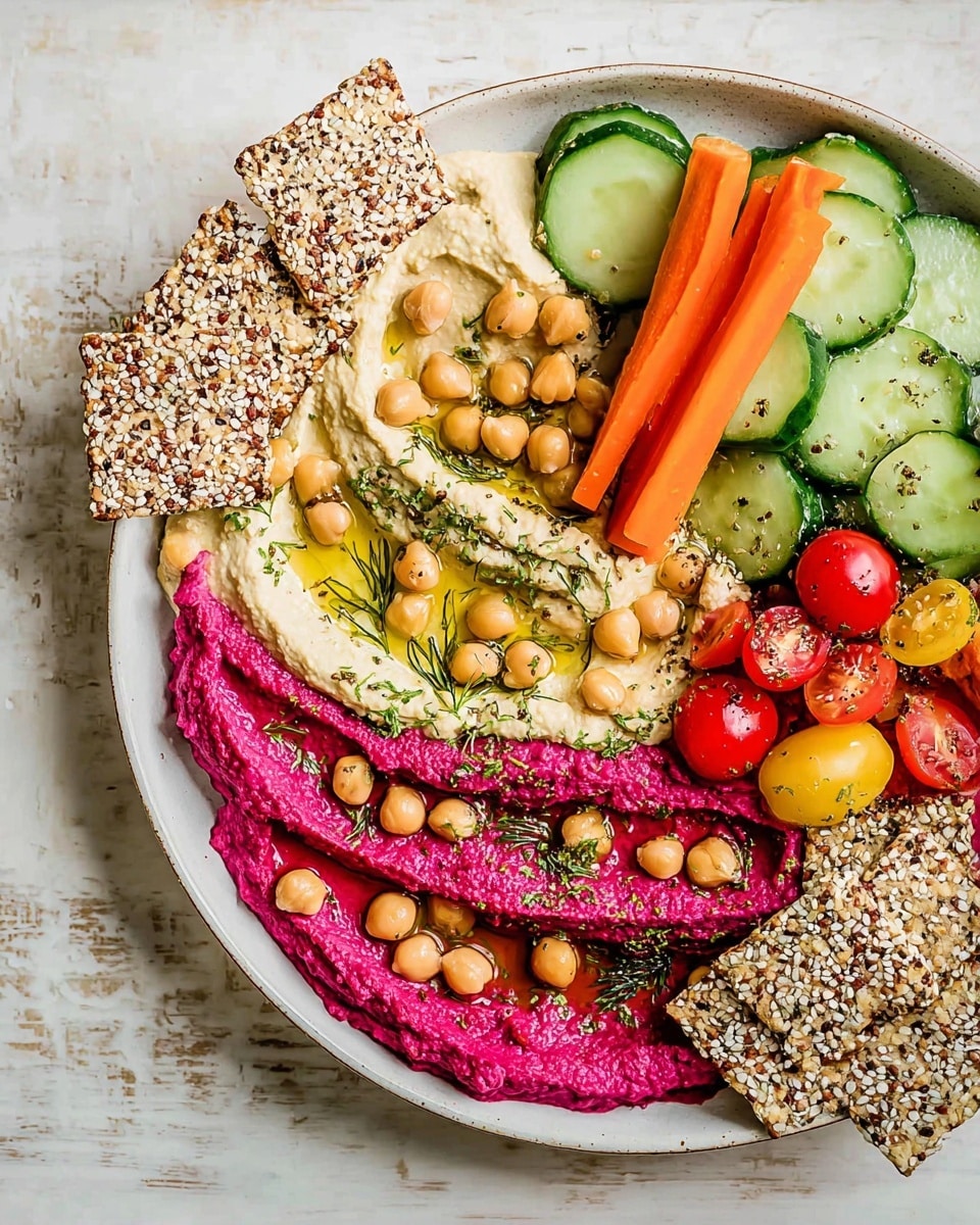 A white plate with two main hummus layers spread side by side; the left layer is light beige with a smooth, creamy texture swirled gently, topped with several whole chickpeas and a drizzle of olive oil sprinkled with herbs. The right layer is bright pink, also creamy and swirled similarly, with a few whole chickpeas and a drizzle of olive oil. On the upper right side of the plate, fresh vegetables including small green cucumbers, orange carrot sticks, and halved red cherry tomatoes are arranged closely together. Around the plate on a white marbled surface, triangular and rectangular sesame seed crackers are scattered. Photo taken with an iphone --ar 4:5 --v 7