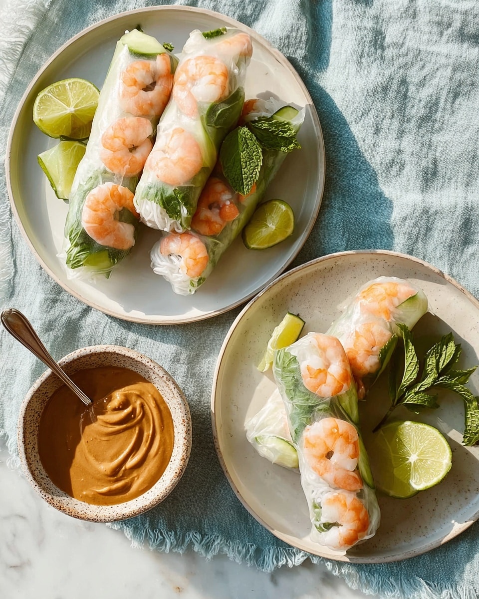 The image shows two white plates on a white marbled surface with four fresh spring rolls on the left plate and two on the right plate. Each spring roll is wrapped in translucent rice paper, revealing three layers inside: orange cooked shrimp with visible texture on top, white thin rice noodles forming the middle layer, and fresh green mint leaves and cucumber slices as the bottom layer. Two lime wedges rest on each plate near the rolls. Below the right plate, there is a small bowl filled with thick, brown peanut dipping sauce with a spoon inside. The scene is bright with natural light casting soft shadows. Photo taken with an iphone --ar 4:5 --v 7