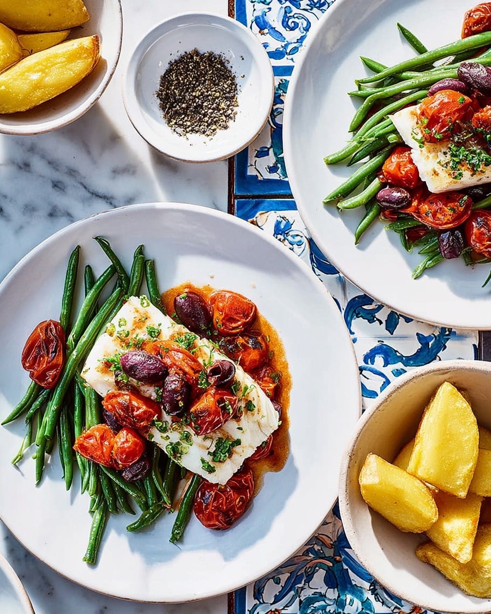 Two white plates each have three layers: at the bottom, a bed of bright green beans with fresh texture; in the middle, a thick white fish fillet, grilled and slightly browned; and on top, a mix of vibrant red cherry tomatoes and dark purple olives, with a light drizzle of sauce. To the side, there is a white bowl filled with small boiled potatoes in yellow and light brown shades. The background is a white marbled surface with a blue and white patterned tile. A small white bowl with crushed black pepper sits near the top left. Photo taken with an iphone --ar 4:5 --v 7
