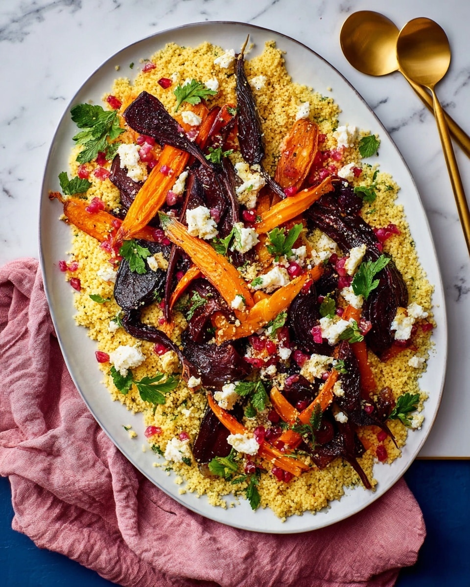 A white oval plate is filled with a bed of light yellow couscous covering the bottom layer, scattered with green fresh herbs like parsley and dill. On top, there is a colorful mix of roasted vegetables including orange and yellow carrot strips and dark purple beet chunks. White crumbled cheese is sprinkled unevenly over the vegetables, adding a creamy texture. The plate is placed on a white marbled surface with a pink cloth folded beside it. Two gold utensils lie next to the plate on the upper right side. photo taken with an iphone --ar 4:5 --v 7