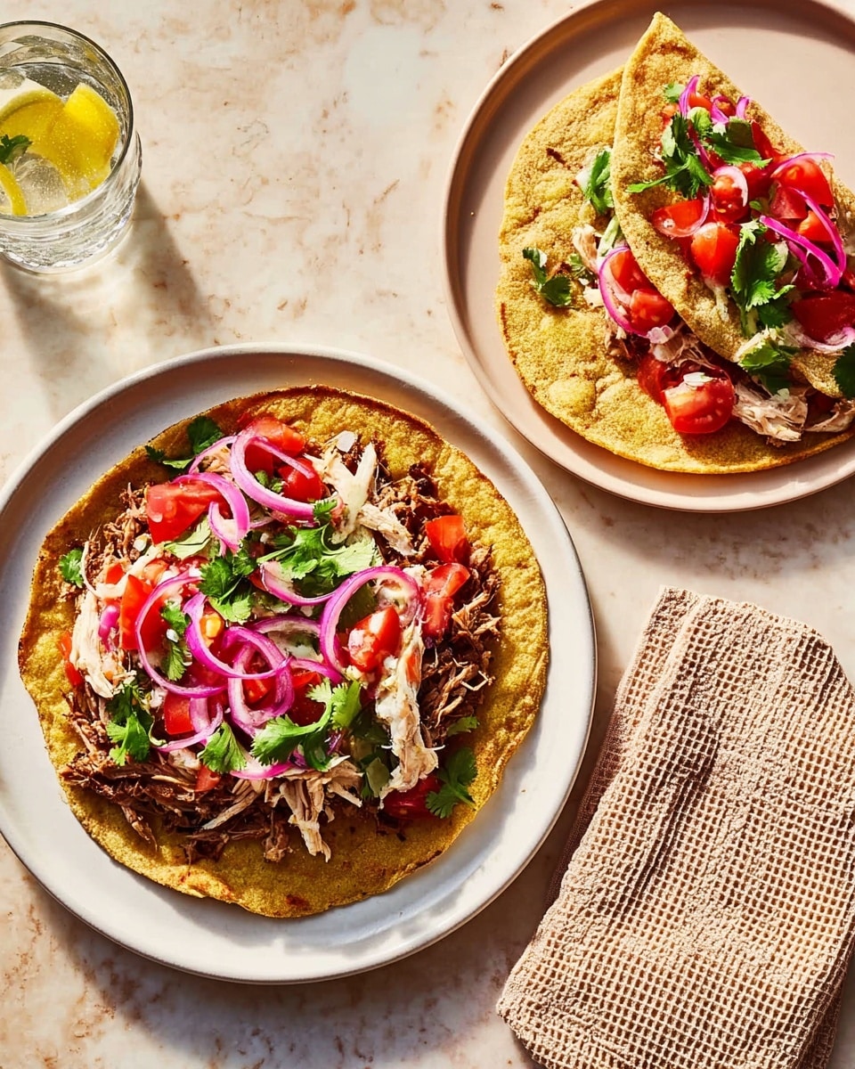 The image shows two white plates on a white marbled surface with a light waffle-textured towel between them. Each plate holds a round, golden-brown flatbread base made with visible herbs or seeds, acting as the first layer. On top of the flatbread, there is a layer of shredded white chicken and small diced bright red tomatoes. Over the chicken and tomatoes, there are several thinly sliced rings of pickled red onions, adding a vibrant purplish-red color. Fresh green cilantro leaves are scattered on the top, giving a fresh look. One flatbread is open with all layers visible, while the other is folded over with fillings peeking out. A glass of water with a lemon slice sits near the plates. photo taken with an iphone --ar 4:5 --v 7