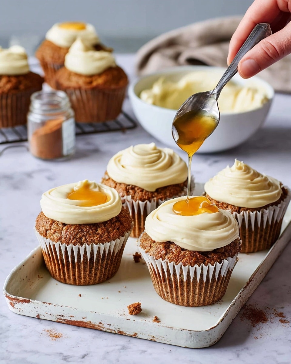 The image shows five brown cupcakes on a white tray, each topped with a thick swirl of light yellow frosting forming a smooth, creamy layer with a small hollow in the center filled with golden honey. A woman's hand holds a spoon dripping honey onto one cupcake in the front. In the background, there is a white bowl filled with more frosting, a glass jar with brown powder, and three more cupcakes on a cooling rack. The surface underneath is a white marbled texture. photo taken with an iphone --ar 4:5 --v 7