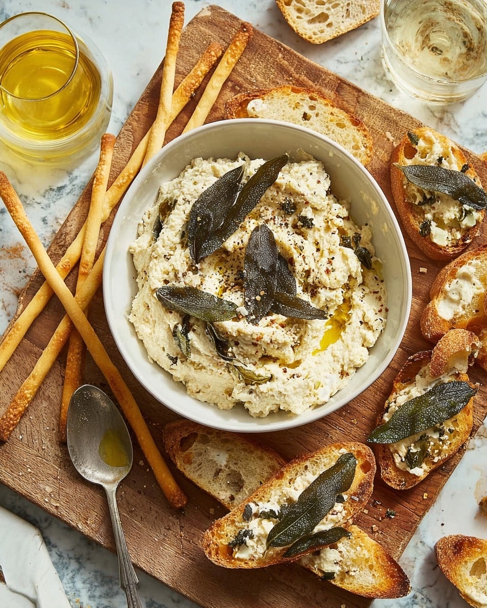 A white bowl filled with creamy light beige spread topped with green sage leaves and cracked black pepper sits on a wooden board. Around the bowl are several toasted slices of bread with visible grains and some green herbs on top, three long thin breadsticks on the left, and bread slices cut into sticks on the right. A small spoon with some spread and oil rests near the bottom right of the bowl. A glass bottle with golden oil and a small glass cup with a light textured liquid are placed on the top left and right edges of the board, respectively. The background is a white marbled surface. Photo taken with an iphone --ar 4:5 --v 7