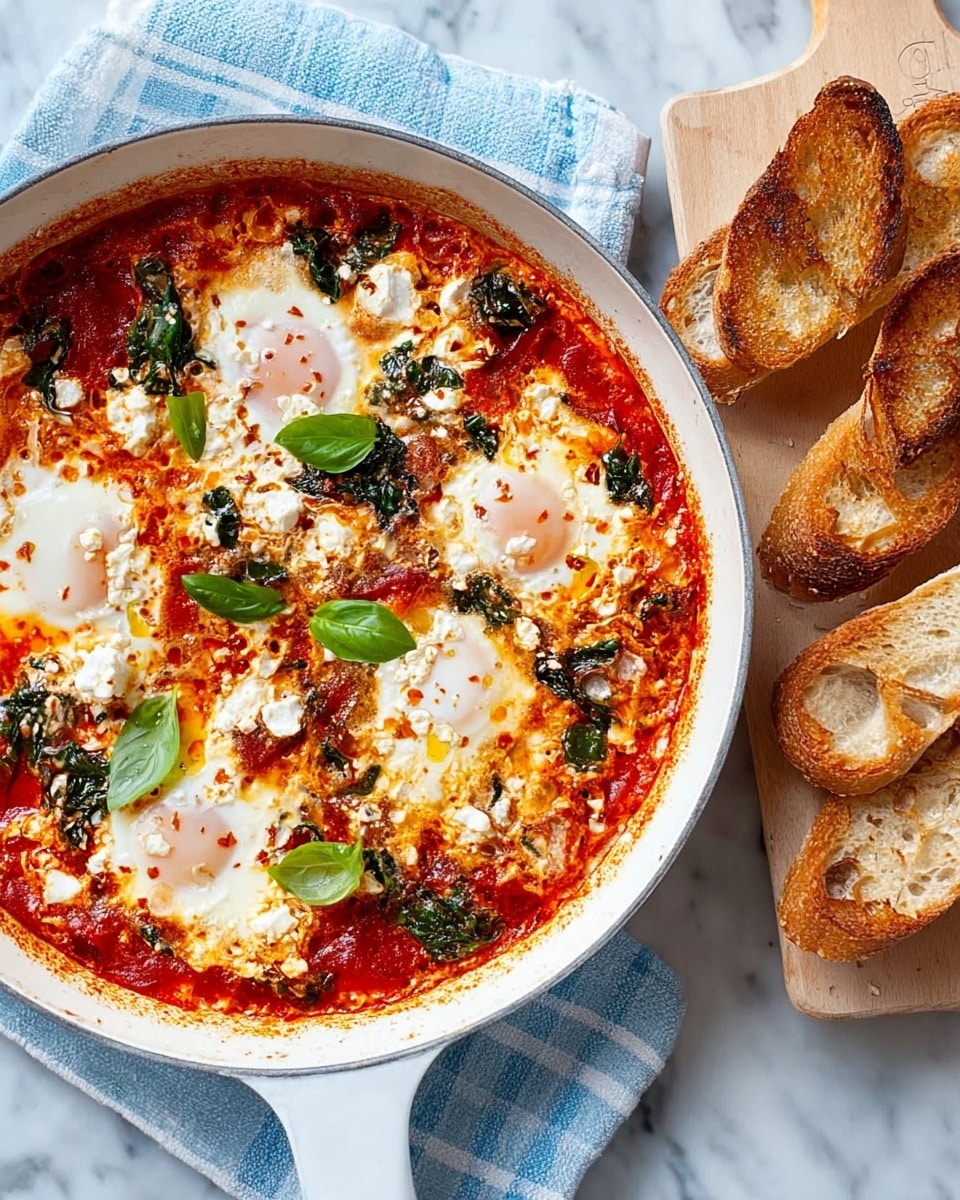 A white skillet filled with a vibrant, layered shakshuka dish features a rich, red tomato sauce base, dotted with soft, cooked eggs showing bright white and golden yolks, creamy white cheese crumbles spread evenly, and wilted dark green spinach pieces mixed throughout. Fresh green basil leaves are scattered on top, adding a fresh touch. The skillet sits on a white marbled surface with a light blue checkered cloth beside it; to the side, a wooden board holds several slices of toasted crusty bread with a golden-brown texture and slight char marks, perfect for dipping. photo taken with an iphone --ar 4:5 --v 7