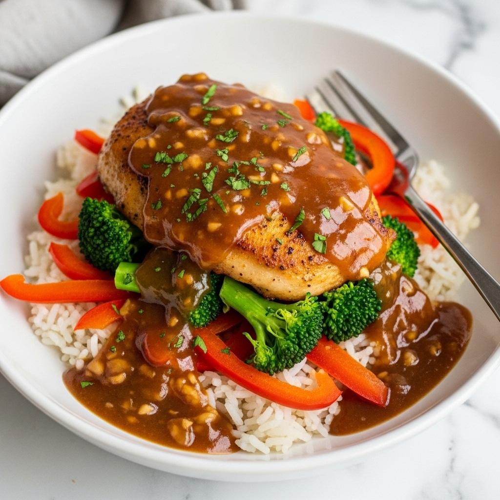 A white bowl filled with cooked white rice at the bottom, topped with a glazed chicken piece covered in a shiny brown sauce. Around the chicken, there are bright red bell pepper strips and small green broccoli florets. The sauce covers parts of the chicken and vegetables, giving a glossy look. Small chopped green herbs are sprinkled over the dish. A silver fork rests inside the bowl on the right side. The bowl is placed on a white marbled surface, with a soft beige cloth and a small white bowl of green herbs blurred in the background. Photo taken with an iphone --ar 4:5 --v 7