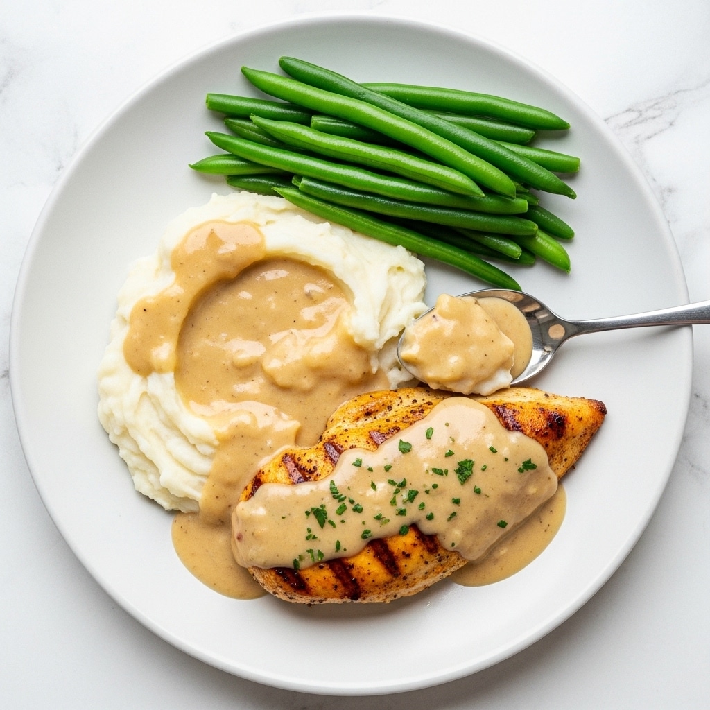A white plate holds a meal with three main parts. On the left side, there is a piece of browned chicken covered in a thick light brown gravy with small green herbs sprinkled on top. To the right of the chicken, there is a mound of creamy white mashed potatoes, partially covered with the same gravy and sprinkled with black pepper. A silver spoon rests inside the mashed potatoes, with some gravy on it. At the top right of the plate, there is a neat pile of bright green cooked green beans. The plate is placed on a white marbled surface. photo taken with an iphone --ar 4:5 --v 7
