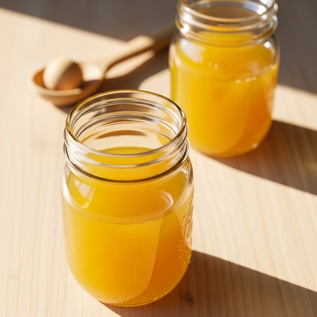 The image shows a clear glass jar filled with a bright yellow liquid, placed on a smooth light wooden surface. The jar has visible embossed writing and measurement marks, and is open at the top with no lid. In the background, slightly out of focus, there is another similar jar also filled with the same yellow liquid. To the left side of the foreground jar, there is a wooden spoon resting on the surface. The overall scene is bright and clean. Photo taken with an iphone --ar 4:5 --v 7