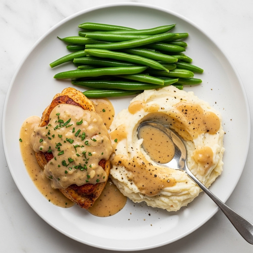 The dish is served on a white plate with three main layers: a piece of golden brown grilled chicken breast covered in a thick, creamy light brown gravy with green herb bits sprinkled on top, smooth white mashed potatoes next to the chicken with some light brown gravy poured over part of it, and a neat pile of bright green cooked green beans placed at the top right side of the plate, all sitting on a white marbled surface. A silver spoon rests in the mashed potatoes, lifting a scoop covered by gravy. photo taken with an iphone --ar 4:5 --v 7