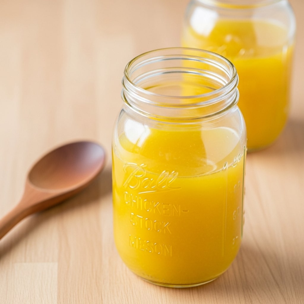 A clear glass mason jar filled nearly to the top with bright yellow liquid, placed on a wooden surface with a light wooden spoon blurred in the background; there is another similar jar slightly out of focus behind it, showing the same yellow liquid inside. photo taken with an iphone --ar 4:5 --v 7