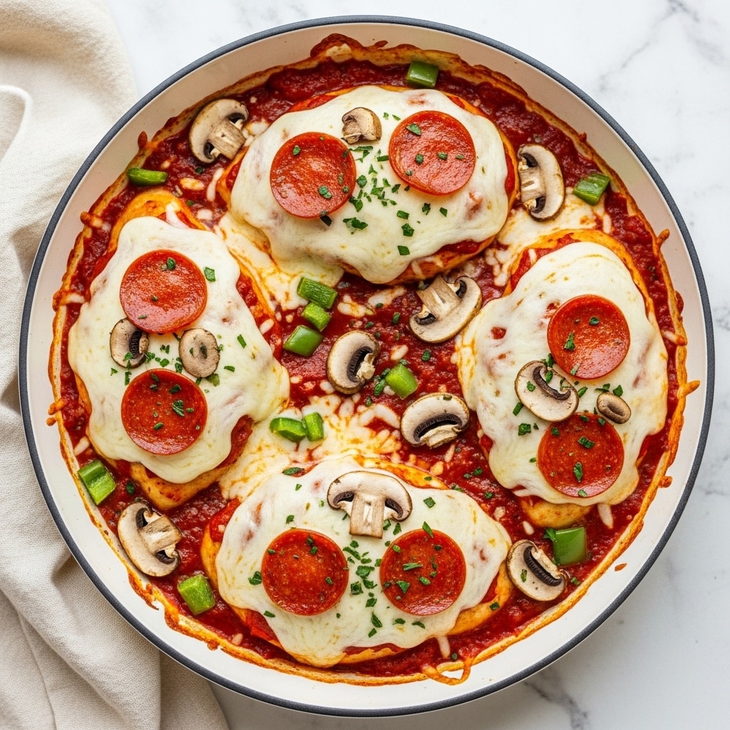The dish shows a round white pot filled with a layered baked meal. The bottom layer is a rich red tomato sauce with bits of herbs and spices visible. On top of this are large pieces of cooked chicken covered by melted white mozzarella cheese that spreads unevenly with some browned spots. Bright red pepperoni slices are arranged on the cheese, along with brown mushroom slices scattered across. Small chunks of green bell pepper and flecks of chopped green herbs are sprinkled on the top, adding color contrast. The edges of the white pot are slightly stained from cooking. The background features a white marbled surface with a soft white cloth partially visible. Photo taken with an iphone --ar 4:5 --v 7