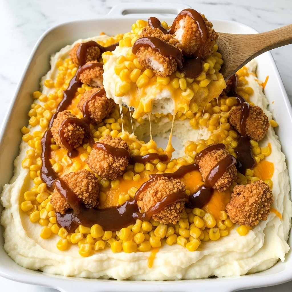 The image shows a close-up of a layered dish in a white baking dish. The bottom layer is creamy white mashed potatoes with a smooth texture. On top of the mashed potatoes, there is a layer of bright yellow corn mixed with melted orange cheddar cheese. Scattered on this are pieces of crispy, golden-brown fried chicken. Drizzled over everything is a glossy dark brown gravy. A wooden spoon lifts a portion of the dish, showing all the layers clearly. The background surface is a white marbled texture. photo taken with an iphone --ar 4:5 --v 7