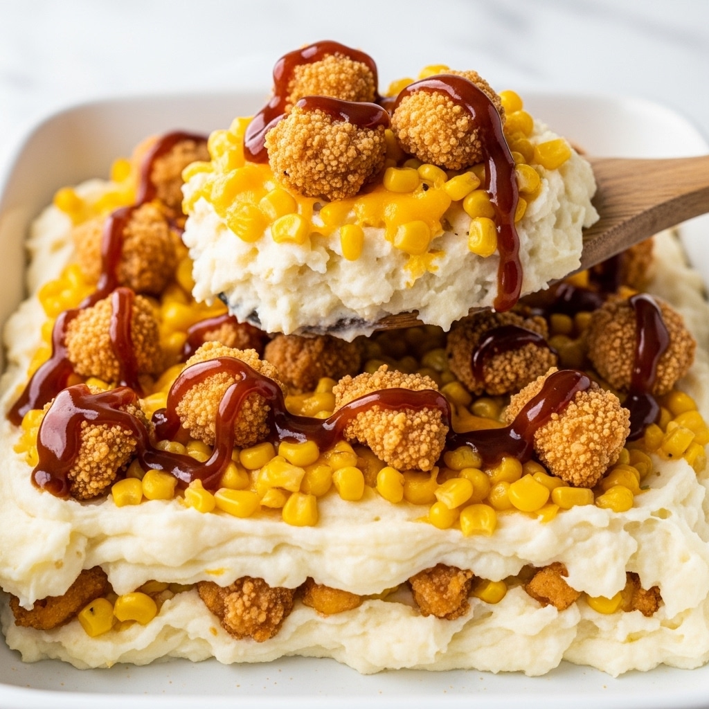 The image shows a white baking dish filled with a layered comfort food. The bottom layer is creamy white mashed potatoes with a smooth, slightly textured surface. On top, there is a generous layer of bright yellow corn pieces mixed with melted orange cheese, creating a gooey texture. Scattered over the corn and cheese are golden brown crispy fried chicken pieces with a crunchy texture. Dark brown gravy is drizzled unevenly across the entire dish, adding shine and contrast. A wooden spoon lifts a scoop showing all the layers together against a white marbled surface background. Photo taken with an iphone --ar 4:5 --v 7