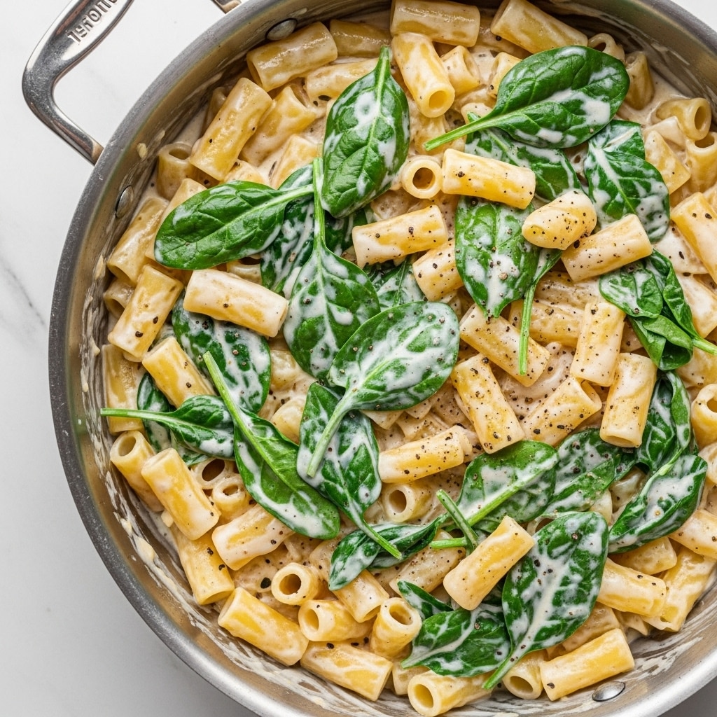 A close-up view of a metal pan filled with creamy rigatoni pasta mixed with fresh green spinach leaves. The rigatoni is coated in a smooth, white sauce with a thick, slightly glossy texture. The spinach leaves are scattered evenly throughout the pasta, adding vibrant green color and a fresh look. The pan rests on a white marbled textured surface. photo taken with an iphone --ar 4:5 --v 7