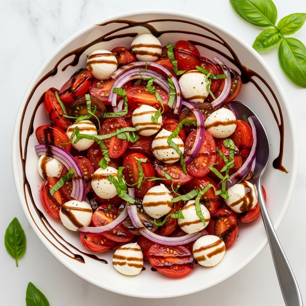 A white bowl filled with a colorful salad composed of three main layers: the bottom layer is a mix of halved bright red cherry tomatoes and orange cherry tomatoes, followed by a layer of thinly sliced purple-red onions scattered evenly. On top, there are small white mozzarella balls and thin strips of fresh green basil leaves spread across the salad. The dish is drizzled with a dark brown balsamic glaze, adding shiny spots and a rich contrast around the edges and throughout the salad. A silver spoon rests inside the bowl on the right side, slightly submerged in the salad, all set on a white marbled surface with a white cloth partially visible on the top left corner. Photo taken with an iphone --ar 4:5 --v 7